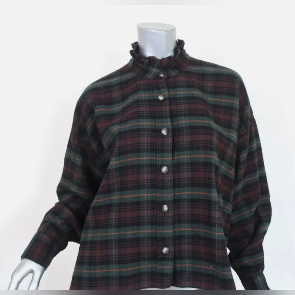 Isabel Marant Etoile Ilaria Plaid Flannel Shirt Size 34 Ruffle Neck Top